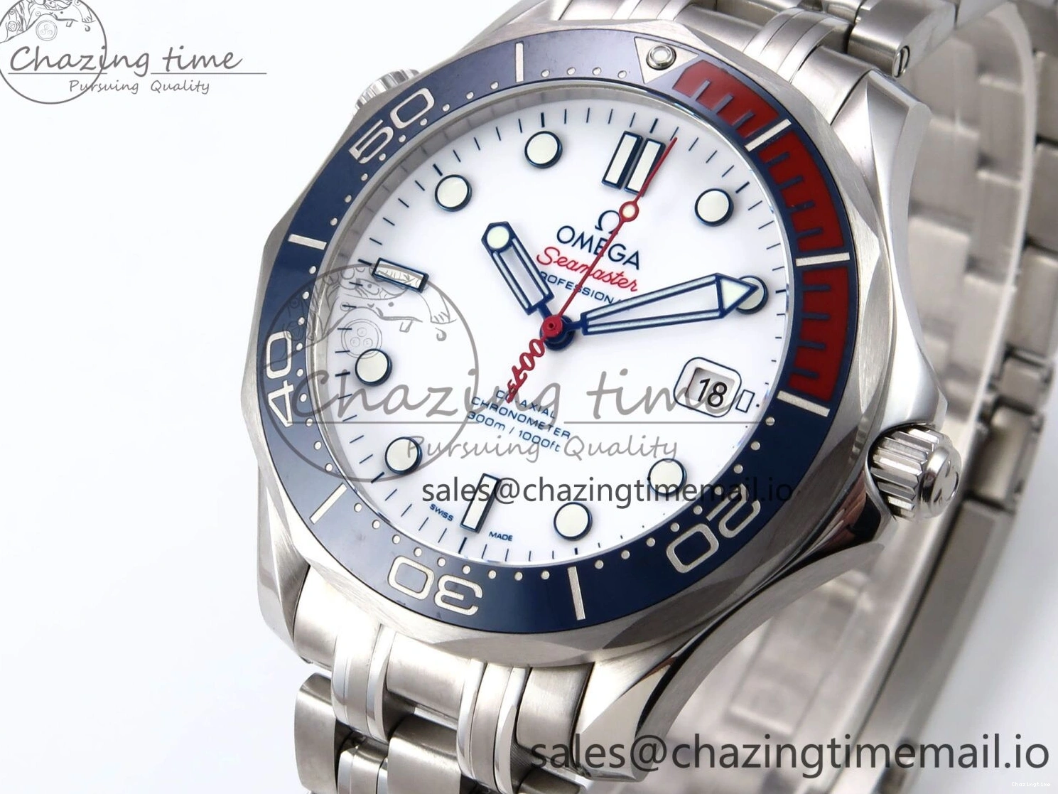 0409 HighQuality Seamaster Diver 300M OMF 1:1 Best Edition Blue Red Ceramic White Dial on SS Bracelet A 7705